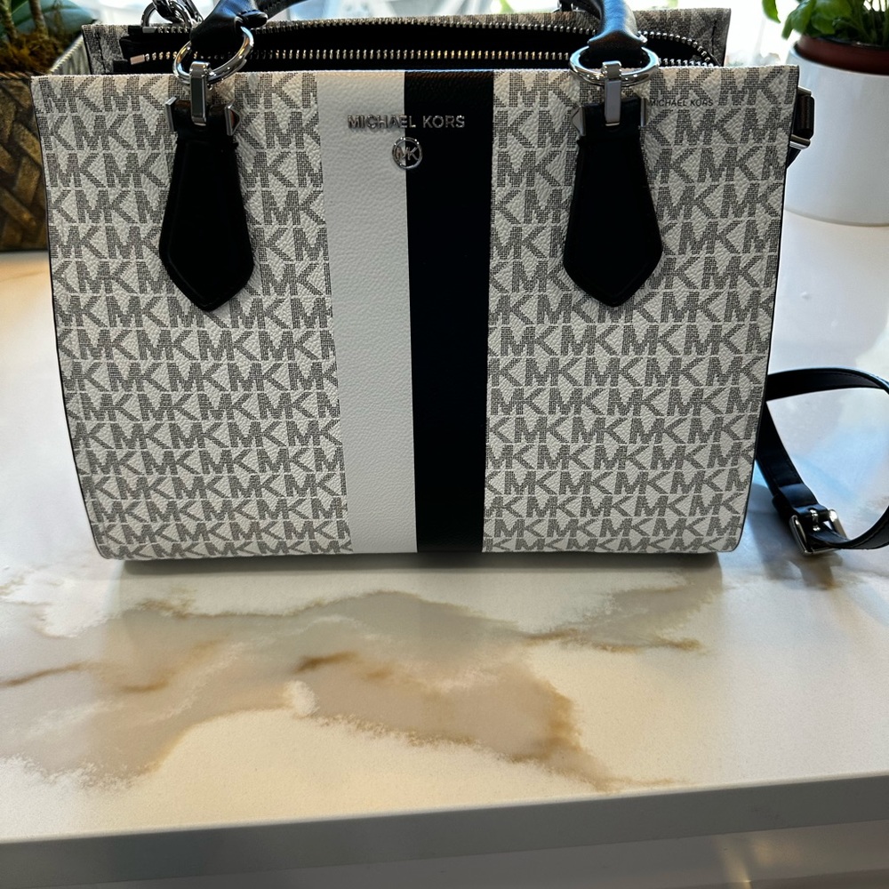 Michael Kors Marilyn Monogram Medium Satchel in black and white